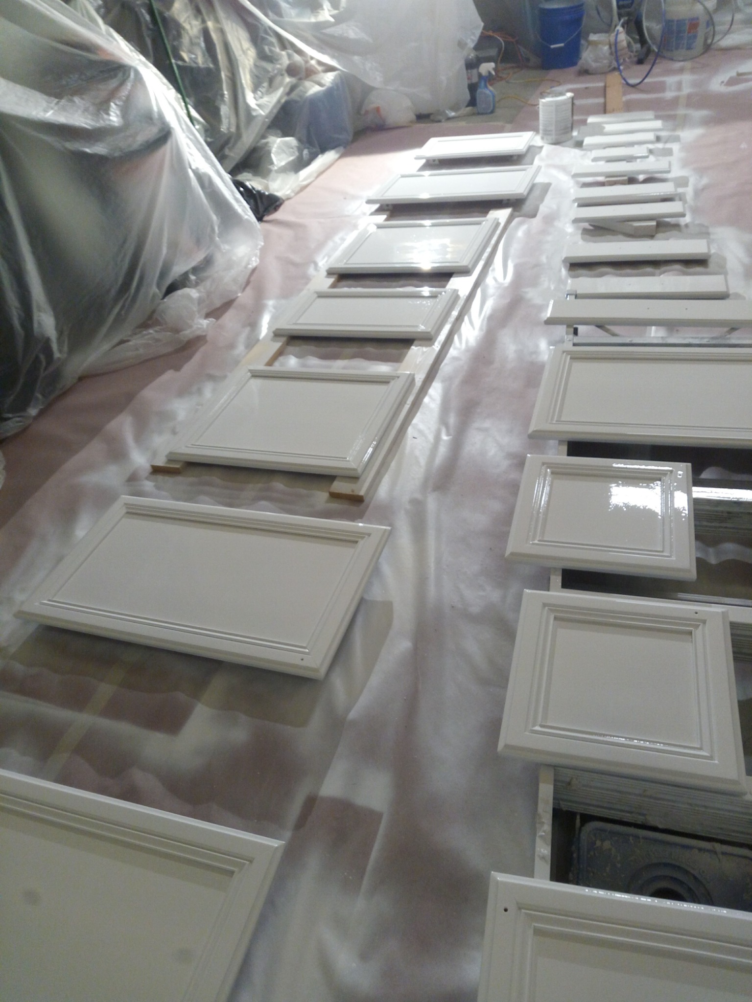 Kitchen cabinets during refinishing process