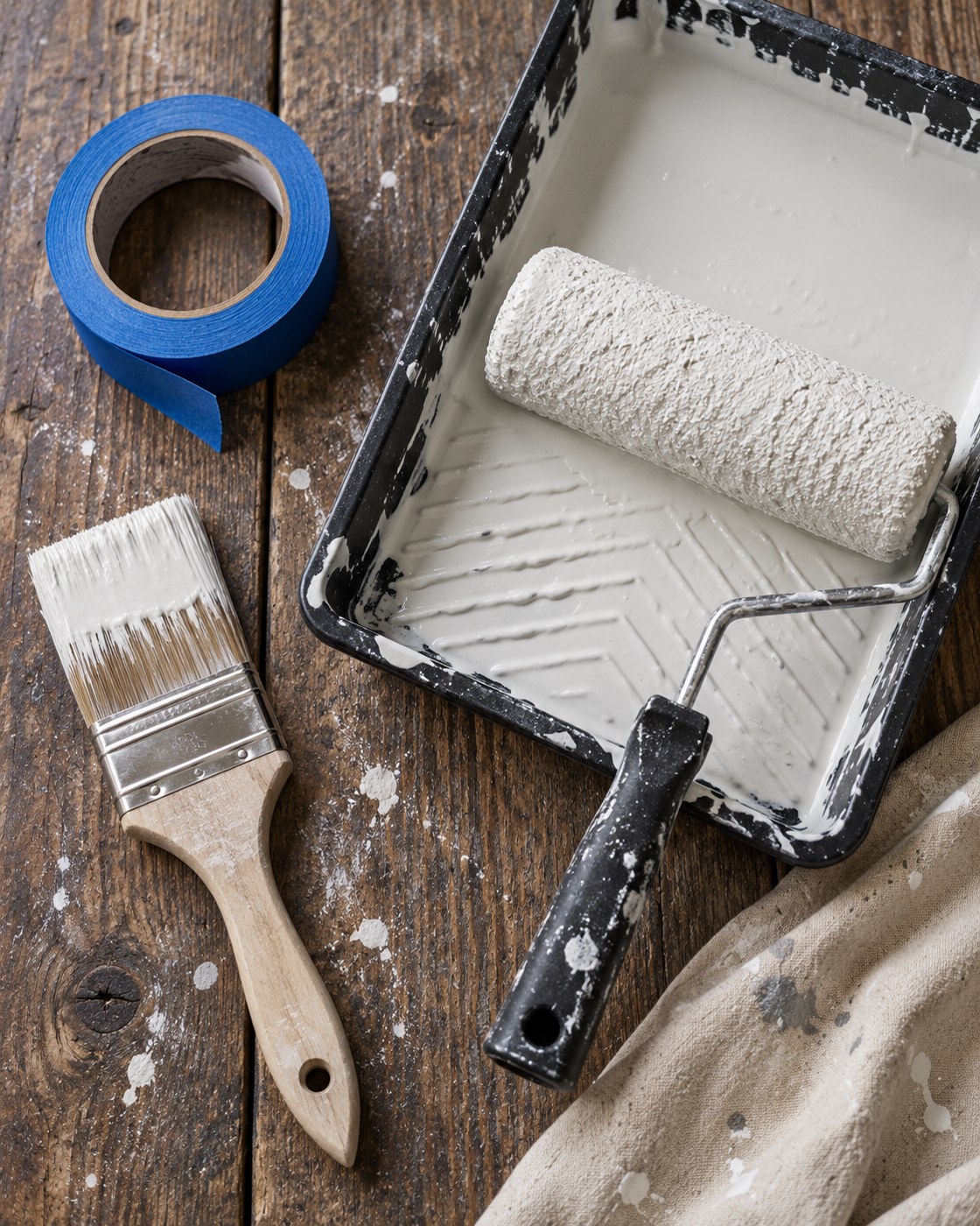 Painter's tape, paint brush and roller in a paint tray